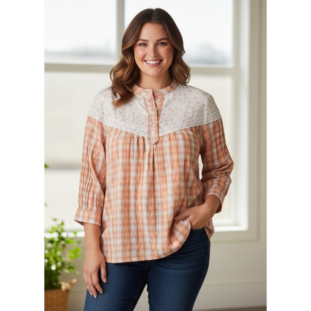 Weekend Suzanne Betro Plaid Lace Blouse Orange Size 2X